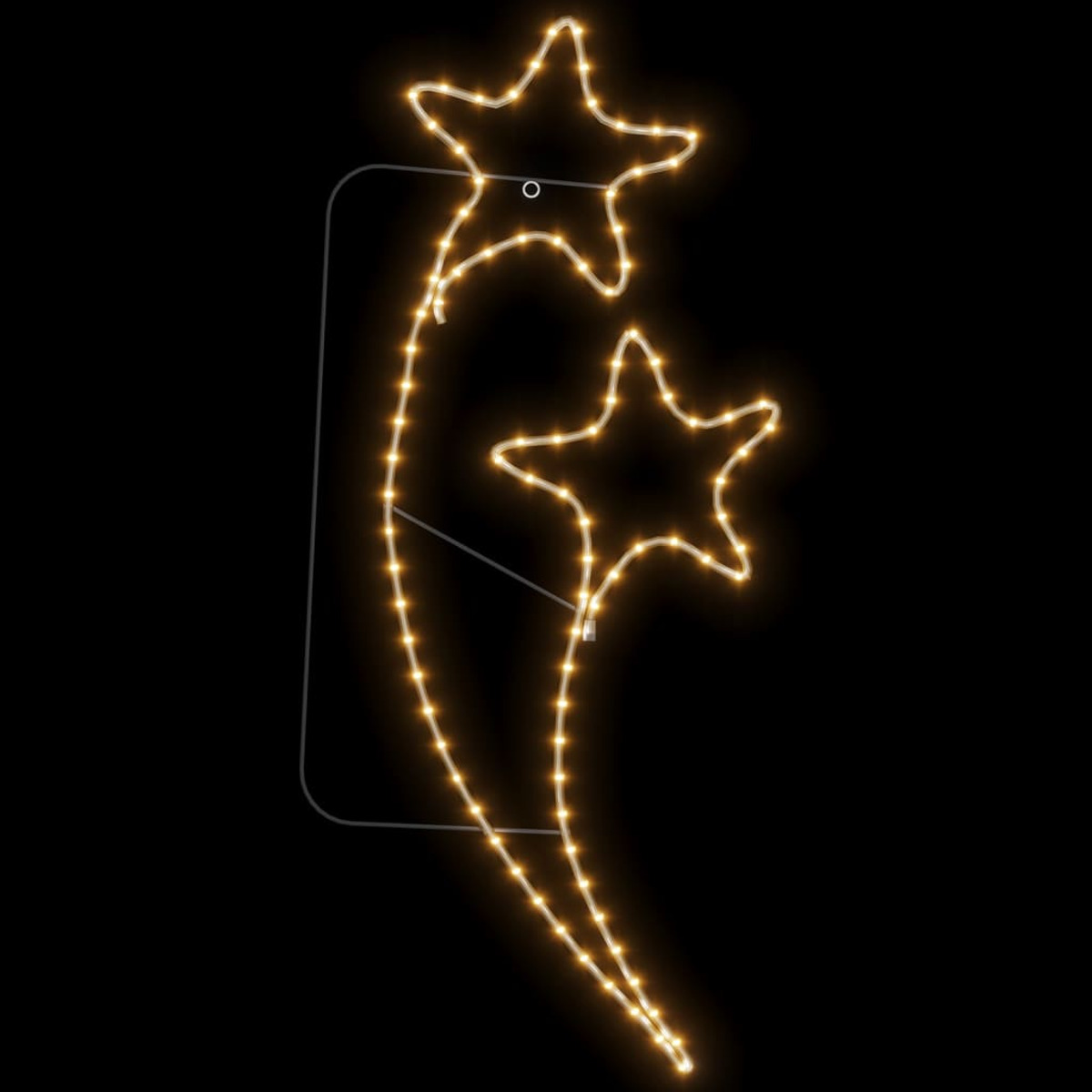 Zwei sternförmige Lichter mit warmem Glanz auf schwarzem Hintergrund. Die Sterne bestehen aus kleinen Lichtern.