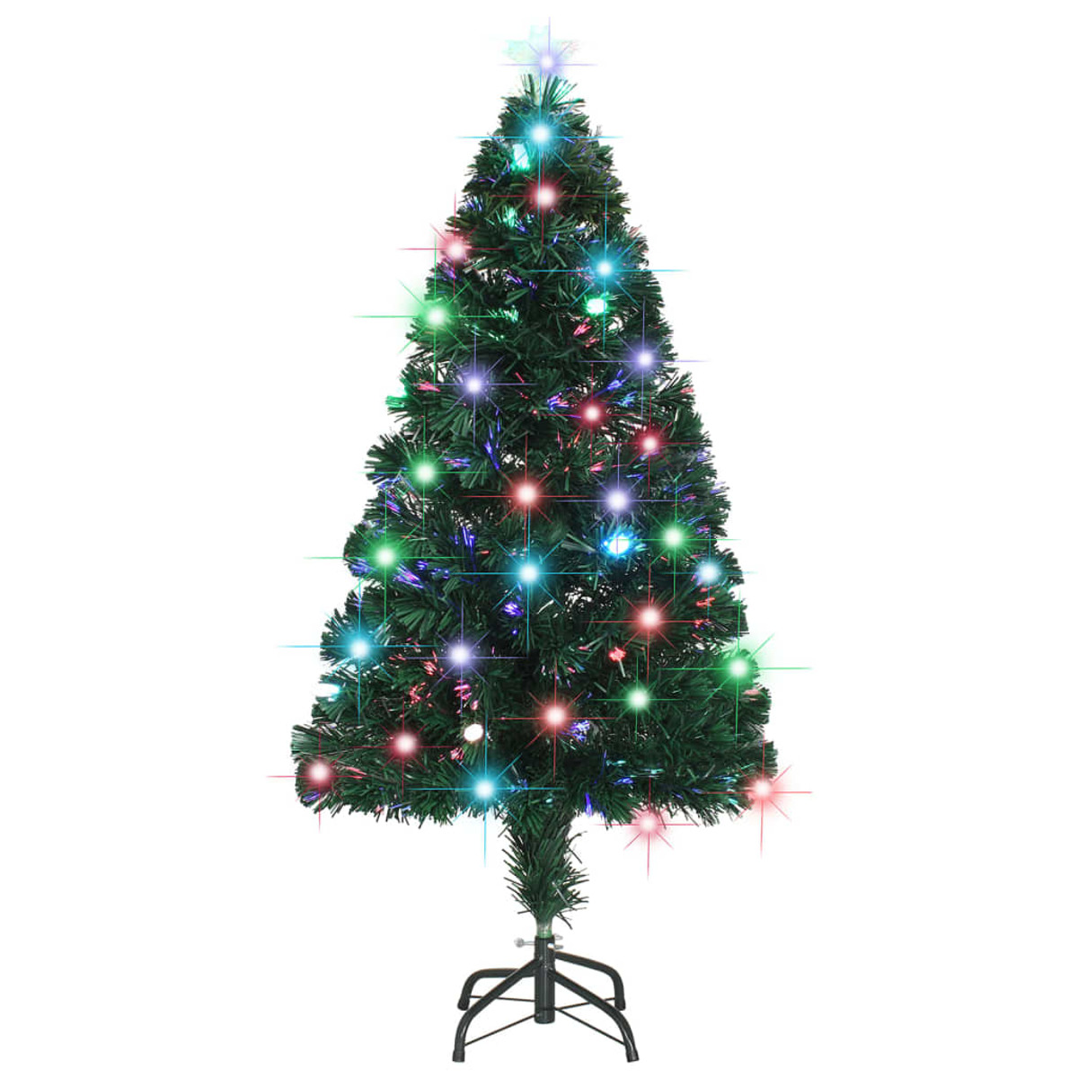 Künstlicher Weihnachtsbaum mit bunten Lichtern. Er hat einen schwarzen Fuß.