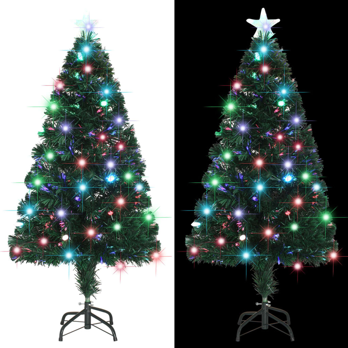Ein grüner Weihnachtsbaum mit bunten Lichtern in Tag- und Nachtumgebung.