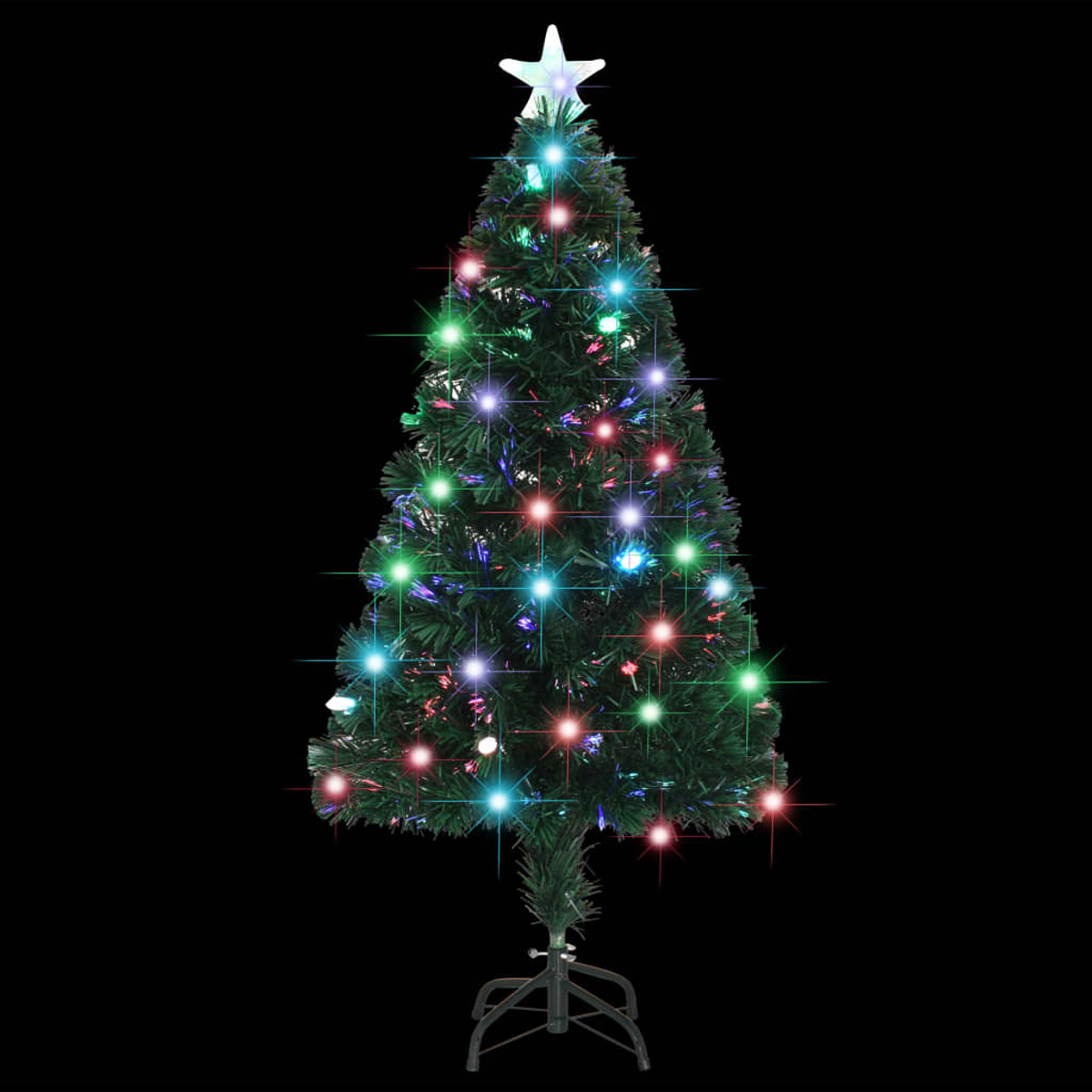 Grüner Weihnachtsbaum mit bunten Lichtern, Stern oben. Schwarzer Hintergrund, festlich.
