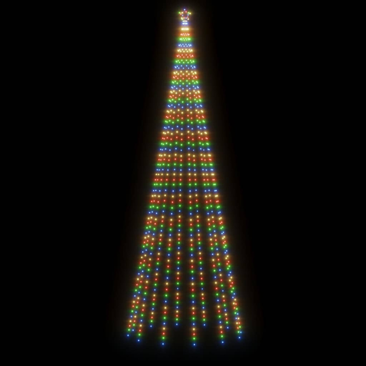 Ein hoher Weihnachtsbaum aus gelben Lichtern vor schwarzem Hintergrund, mit einem Stern an der Spitze.