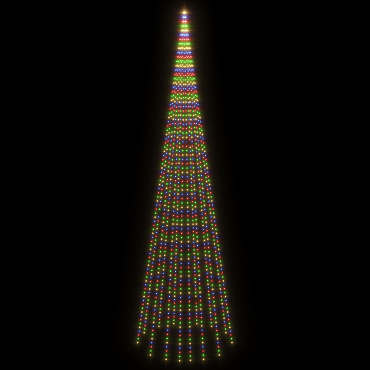 Weihnachtsbaum aus Lichtern vor schwarzem Hintergrund. Lichter sind rot, grün und blau.