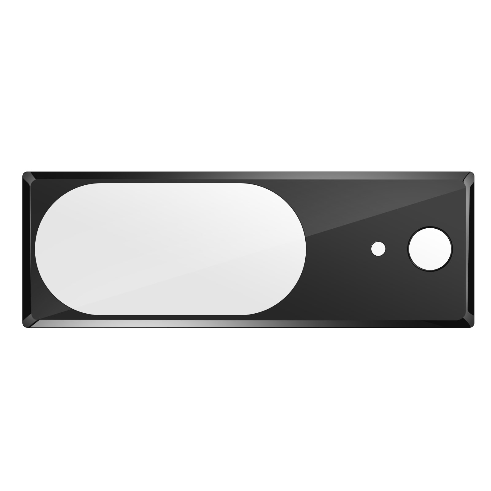Panel rectangular negro con un óvalo y un círculo blanco sobre fondo blanco.