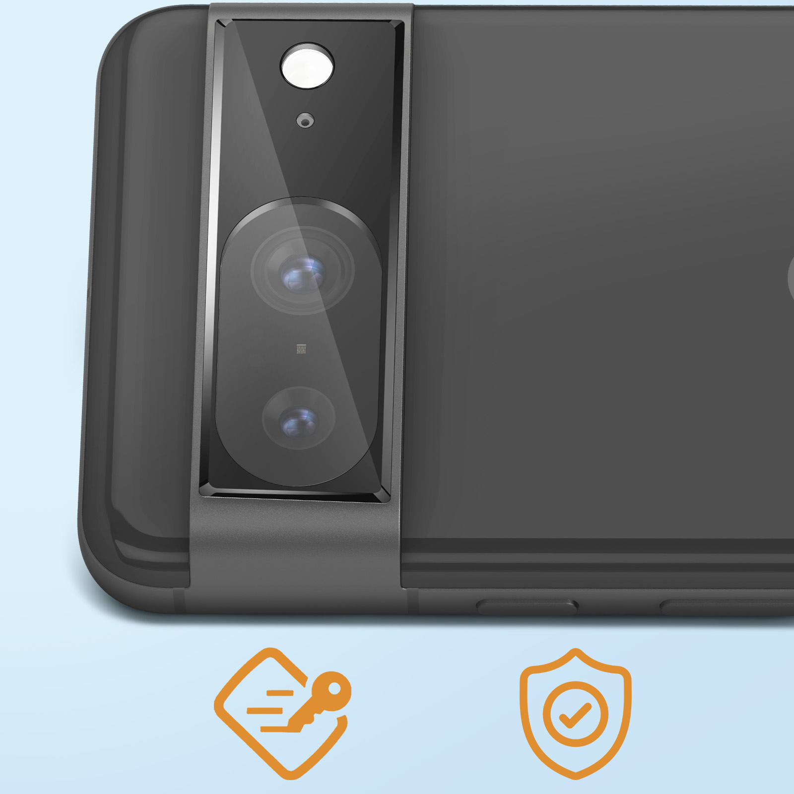 Primer plano de un teléfono con dos cámaras y una funda protectora, con dos iconos debajo.