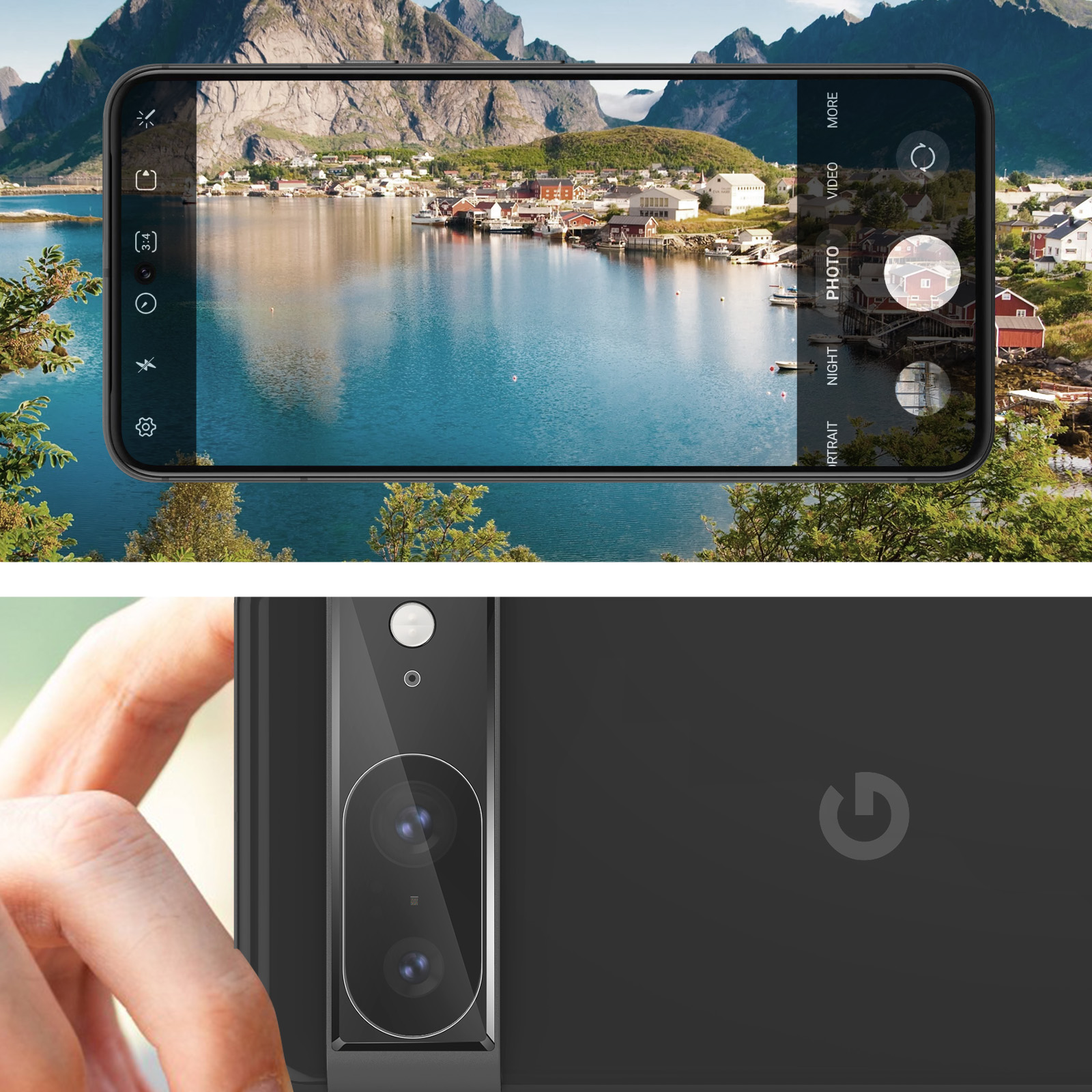 Un teléfono que muestra una vista panorámica del lago, una lente de cámara y la parte trasera del teléfono.