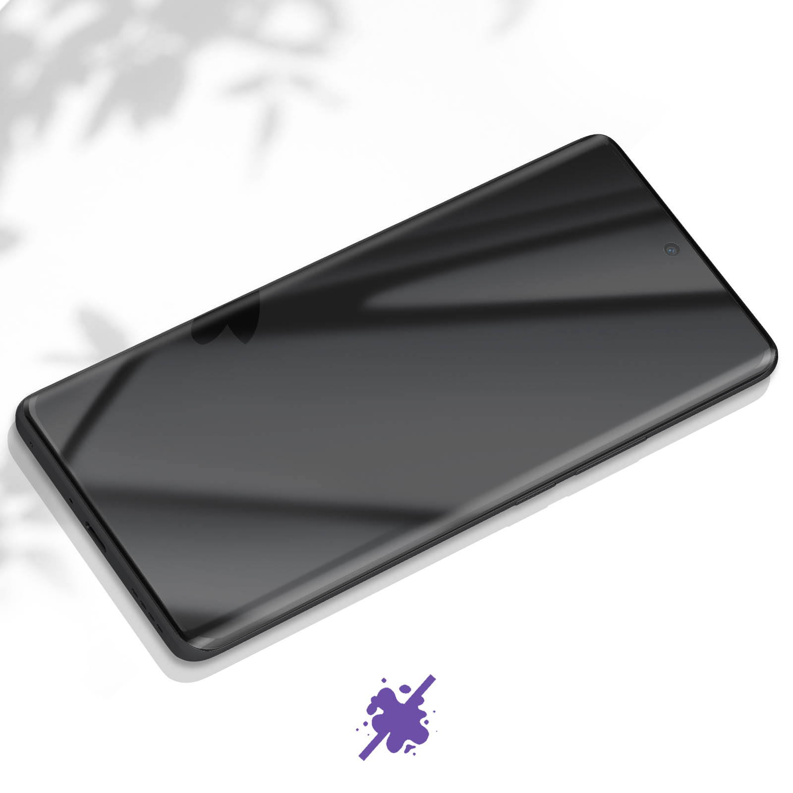 Telefono nero con schermo scuro, ombra di foglie su una superficie bianca.