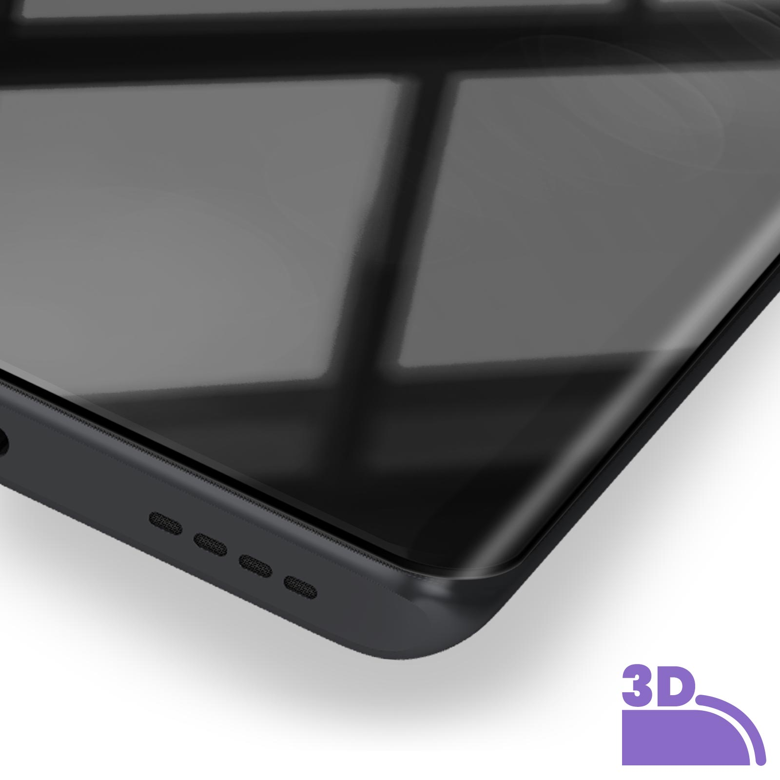 Primo piano di uno smartphone nero, con protezione schermo applicata, e adesivo 3D.