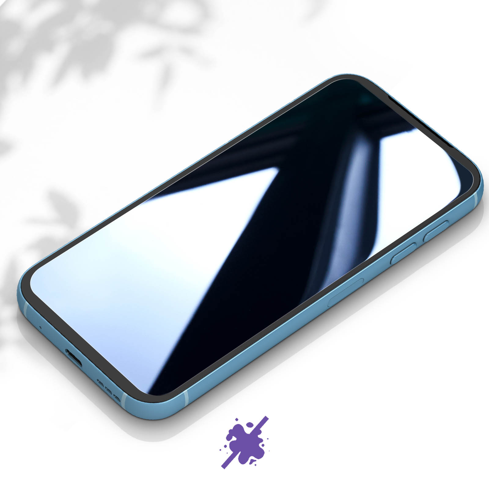 Telefono blu con schermo acceso. Lo schermo ha un riflesso. Lo sfondo è bianco.
