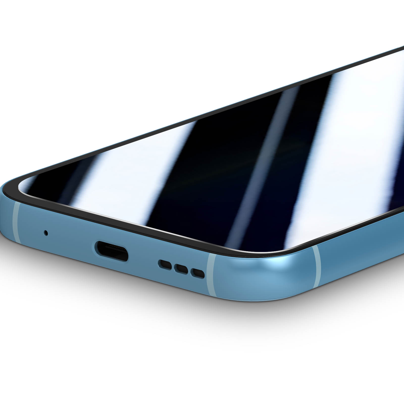 Uno smartphone azzurro con la parte inferiore che mostra fori per altoparlanti e una porta di ricarica.