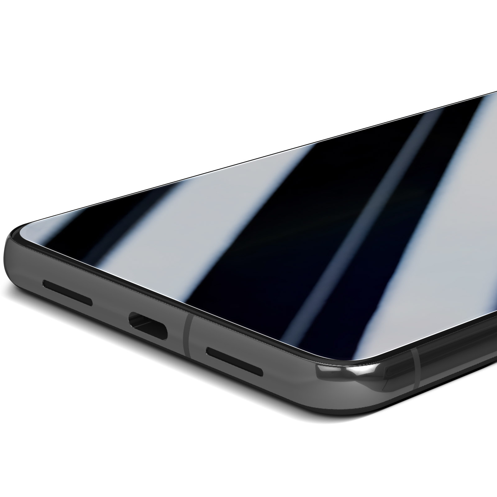 Un primo piano del bordo inferiore di un telefono. Ha una cornice nera e un proteggi schermo.