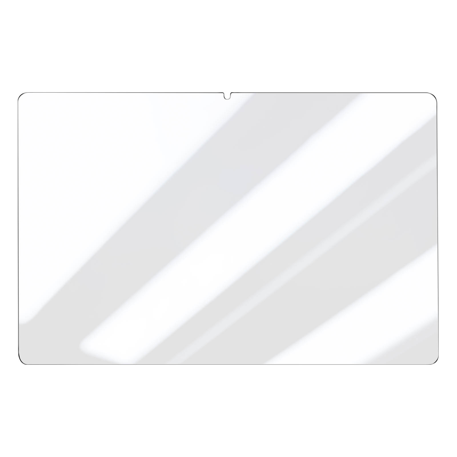 Een transparante schermbeschermer met diagonale lichtstrepen tegen een witte achtergrond.