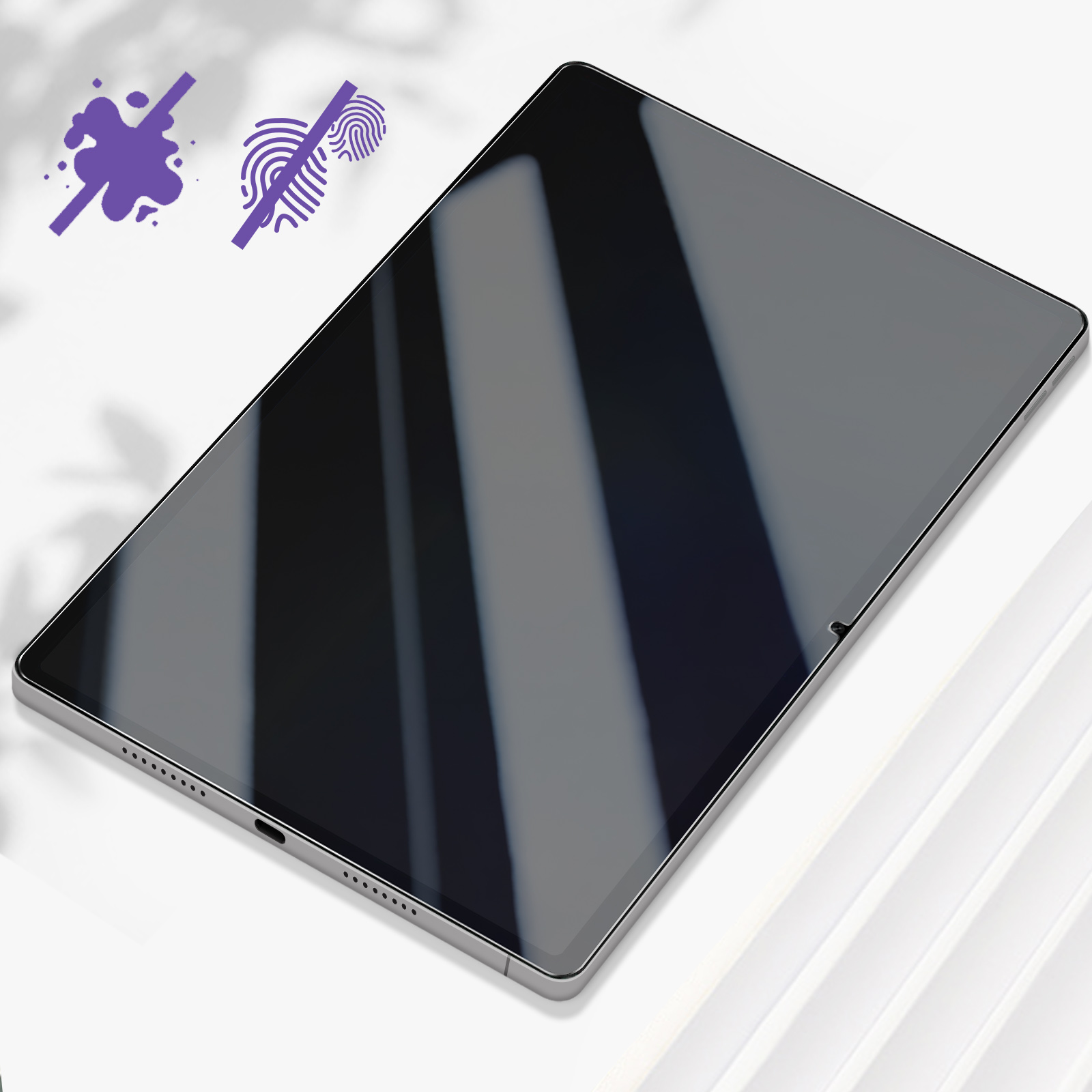 Een tablet met een reflecterend scherm. Grafieken tonen veeg- en vingerafdrukbestendigheid. Bladeren zichtbaar.