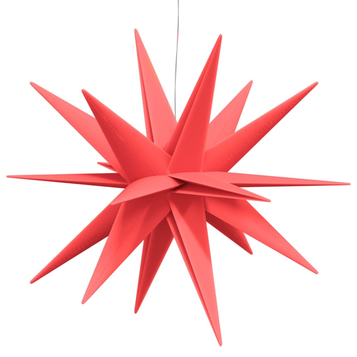 Roter sternförmiger Weihnachtsschmuck, der an einer Schnur hängt.