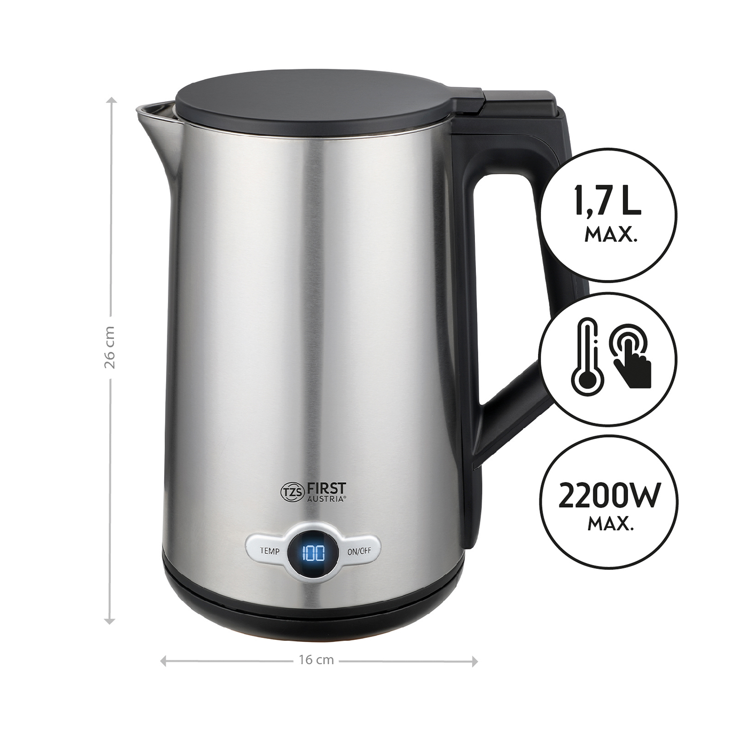 Elektrischer Wasserkocher aus Edelstahl mit schwarzem Griff und Deckel. 1,7L und 2200W.