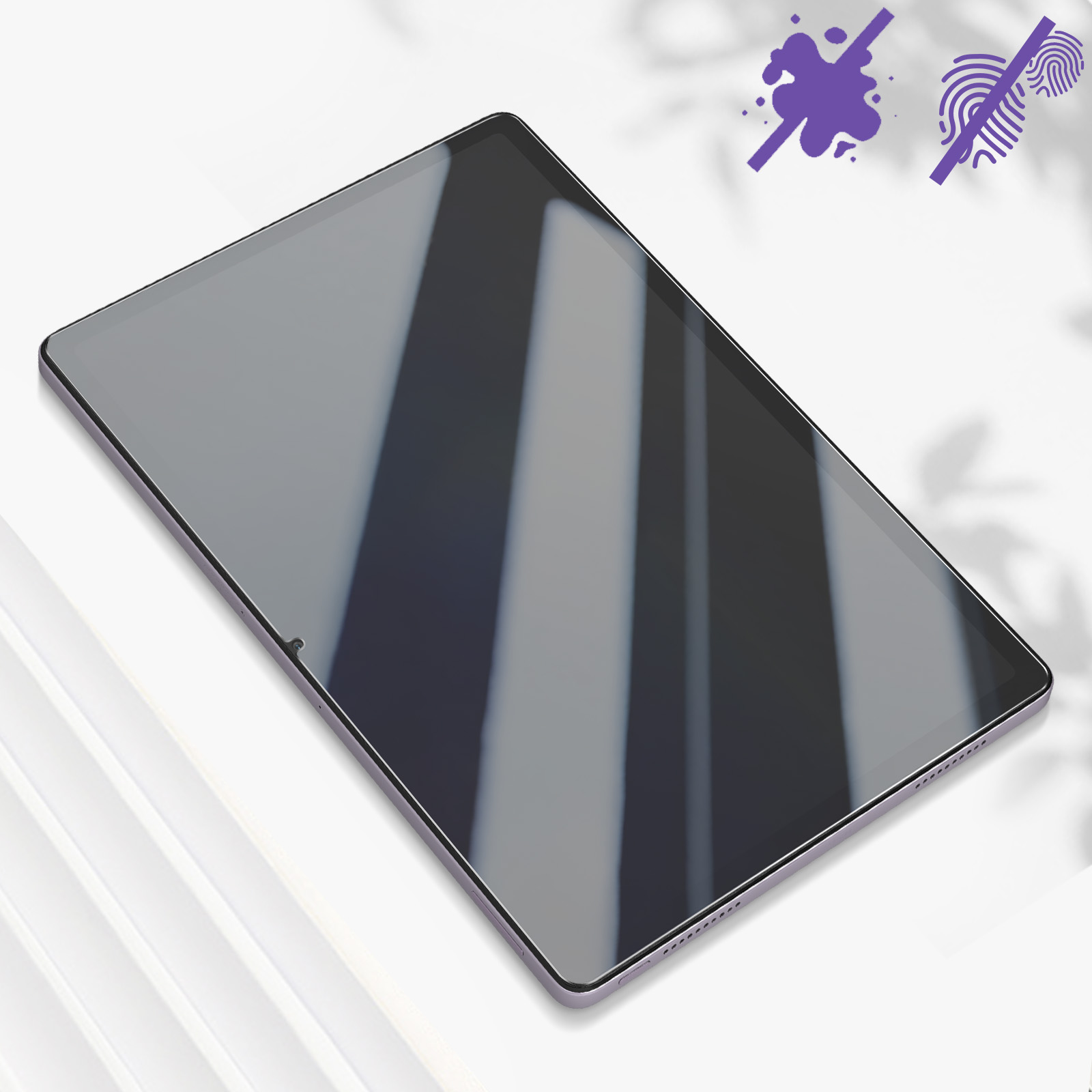 Un tablet con uno schermo scuro, circondato da una cornice viola, con icone di schizzi e impronte digitali.