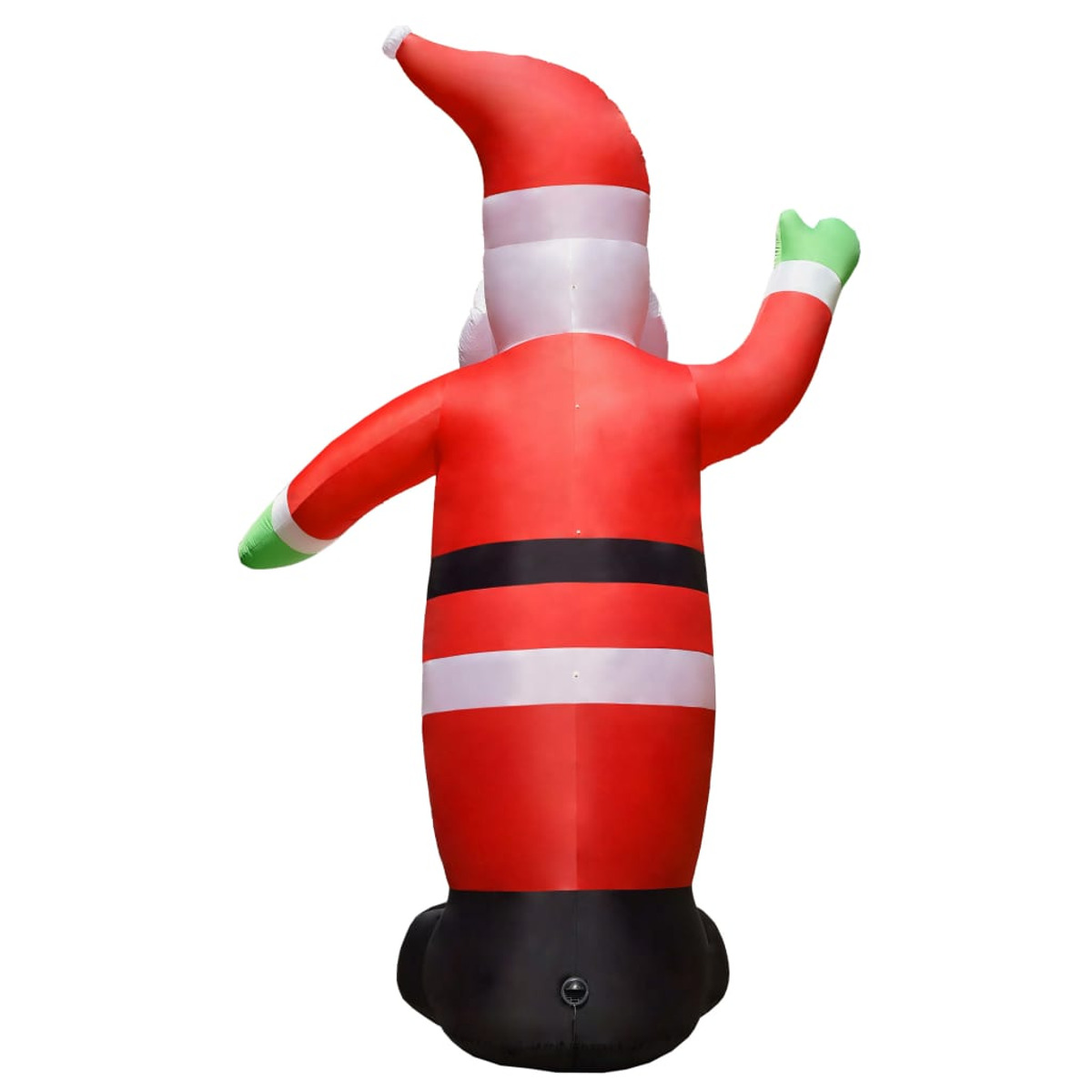 Eine aufblasbare Weihnachtsmannfigur. Sie ist rot und weiß, mit grünen Handschuhen und einem lächelnden Gesicht. Weißer Hintergrund.