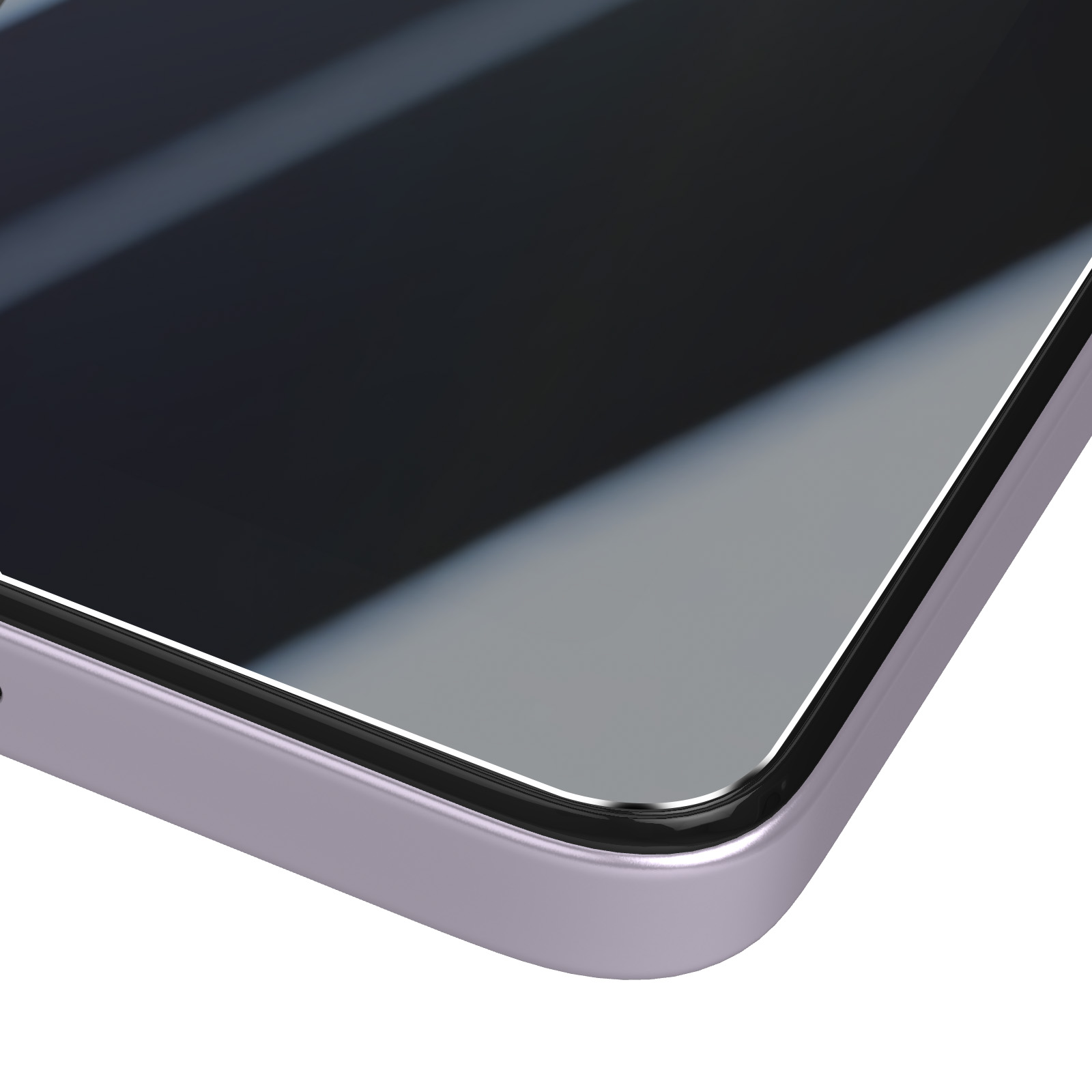 Vista angolare di uno smartphone viola con schermo nero.
