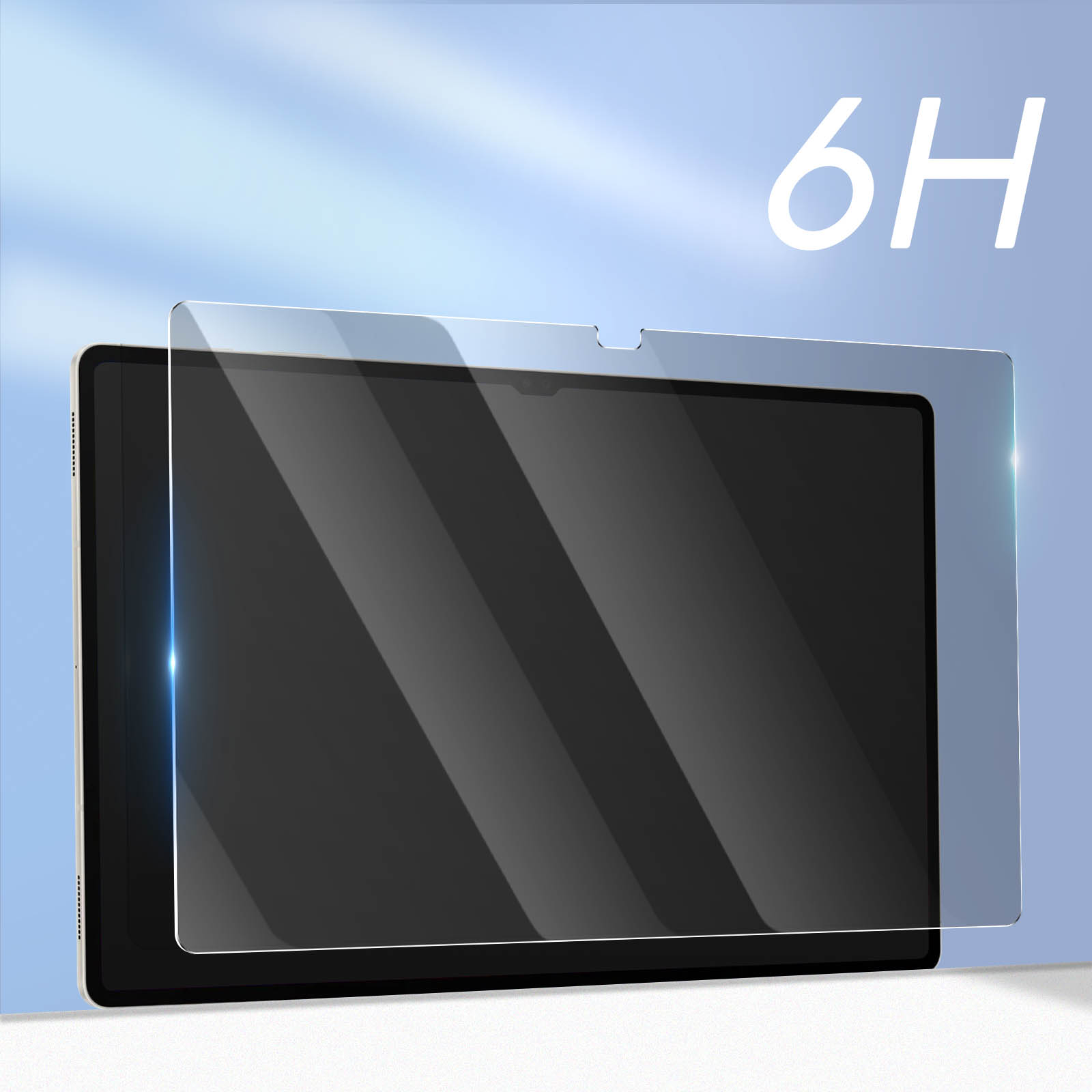 Tablet z ochroną ekranu. Ochrona jest przezroczysta i oznaczona 6H.