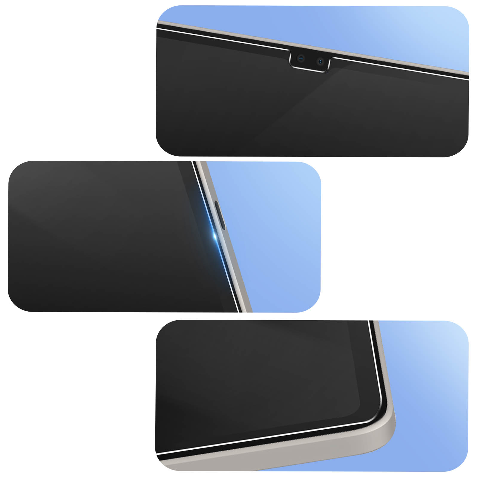 Zbliżenia czarnego tabletu, pokazujące aparat, boczne przyciski i część ekranu.