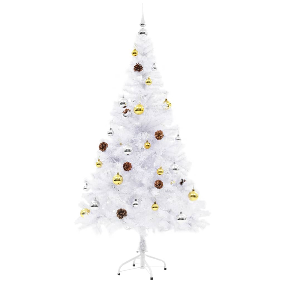 Ein weißer Weihnachtsbaum mit Ornamenten und Tannenzapfen auf einem weißen Ständer, isoliert auf weißem Hintergrund.