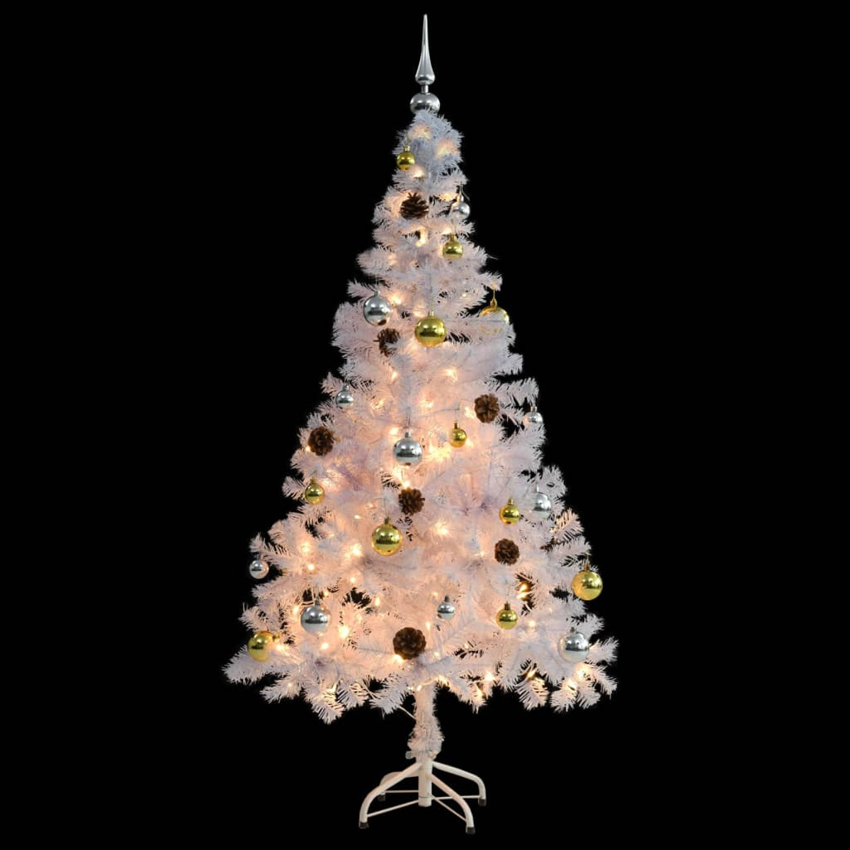 Weißer Weihnachtsbaum mit Lichtern, Ornamenten und Tannenzapfen auf Schwarz.