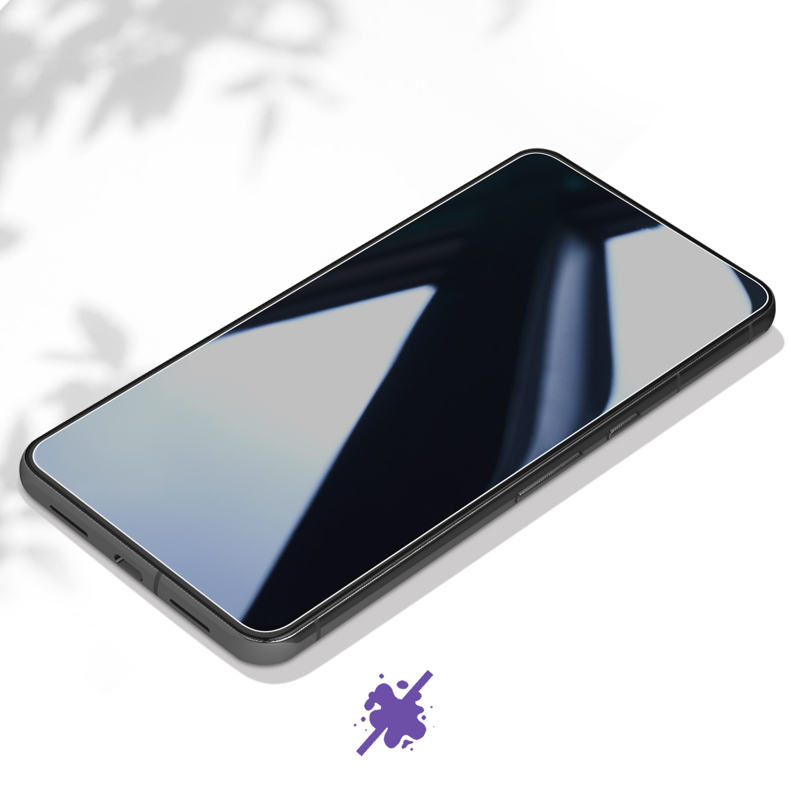 Un telefono nero su una superficie bianca, che mostra lo schermo.