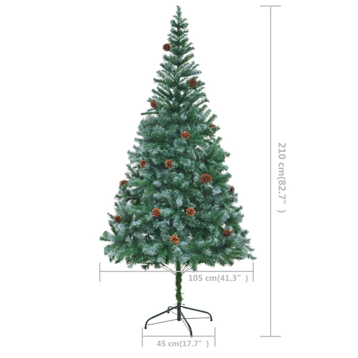 Ein hoher künstlicher Weihnachtsbaum, mit Tannenzapfen geschmückt, steht auf weißem Hintergrund.