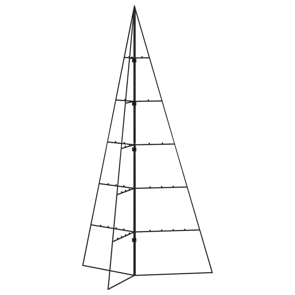 Ein Metallrahmen eines Weihnachtsbaums. Der Rahmen ist eine dreieckige Form mit horizontalen Linien und ist ungeschmückt.