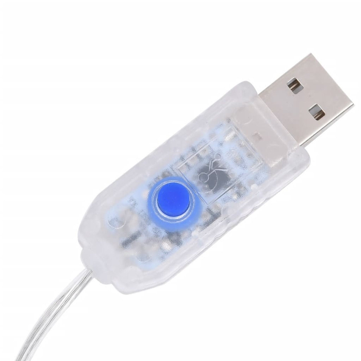 USB-Anschluss. Klares Kunststoffgehäuse mit blauem Knopf und interner Schaltung.