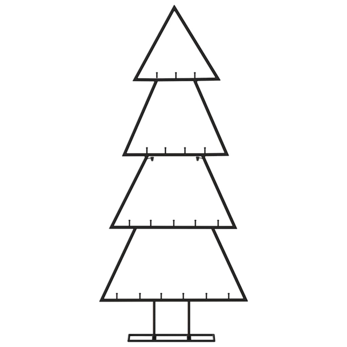 Schwarzes Weihnachtsbaum-Display aus Metall. Es hat vier dreieckige Ablagen mit kleinen Stiften zum Aufhängen von Gegenständen und eine rechteckige Basis.
