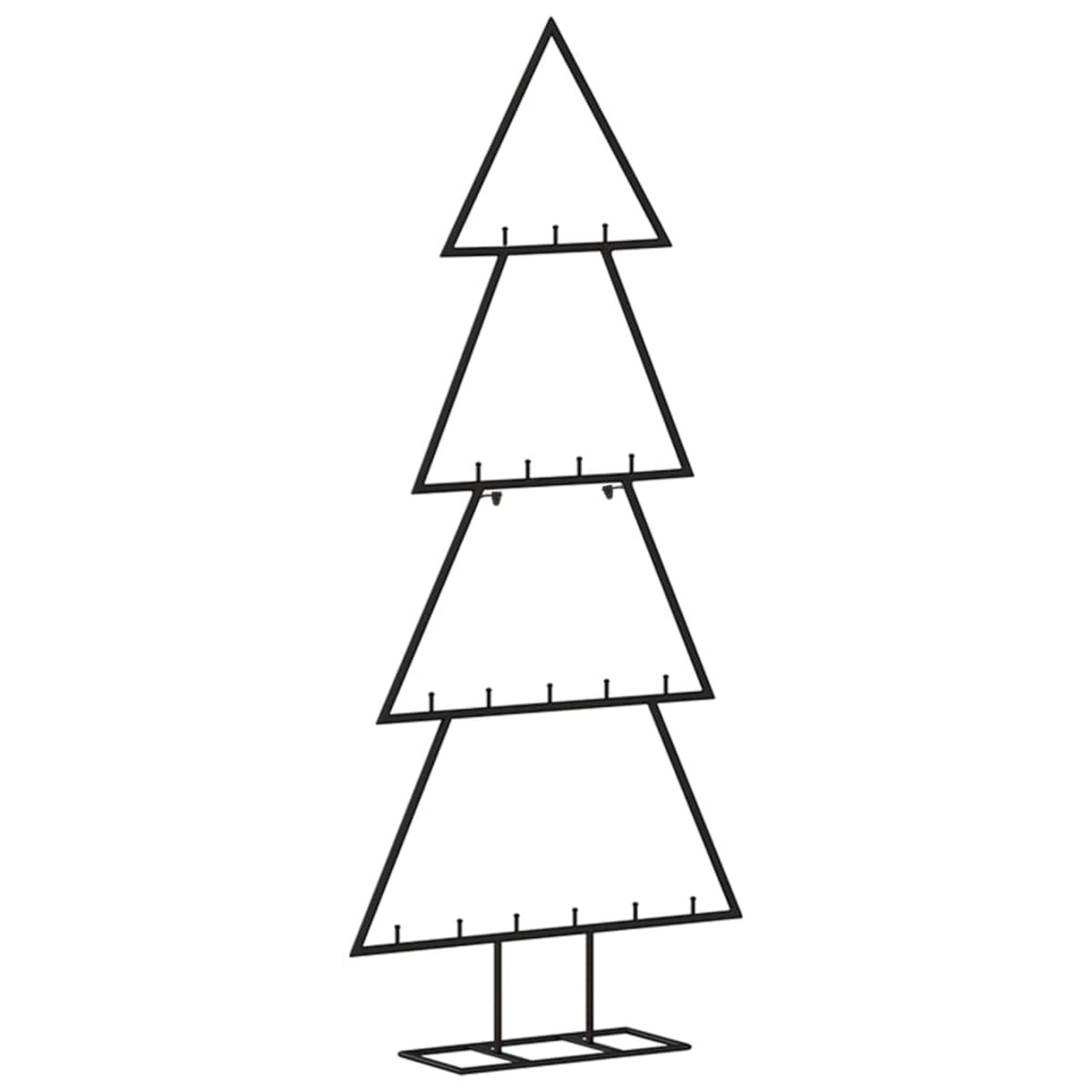 Ein schwarzer Weihnachtsbaum-Display-Ständer aus Metall. Er hat vier dreieckige Ablagen mit kleinen Stiften an der Unterseite.