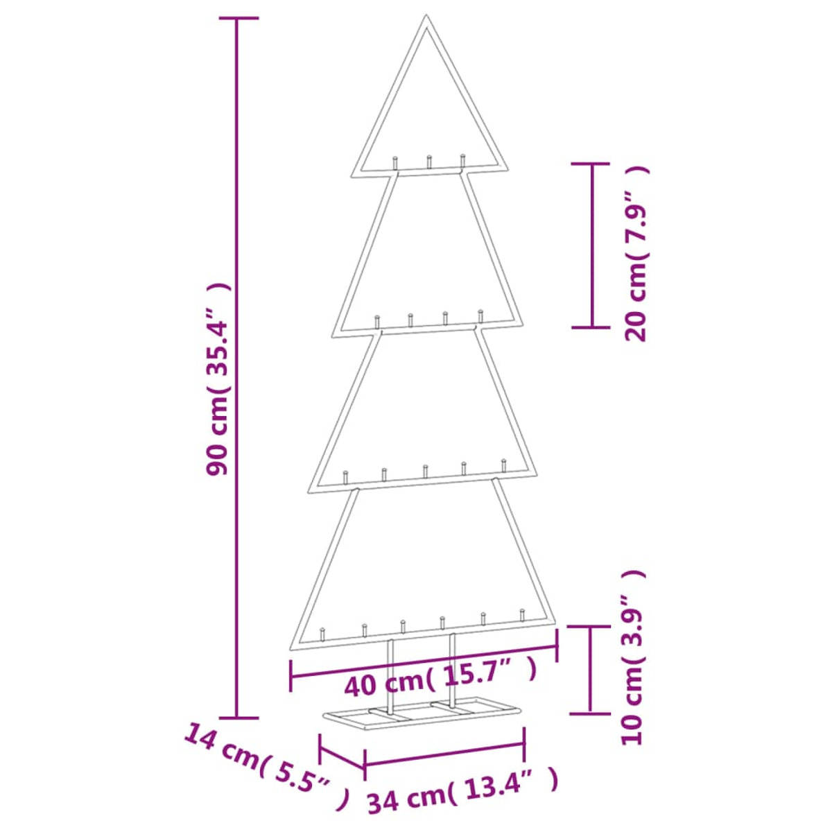 Ein Metall-Weihnachtsbaumrahmen mit beschrifteten Abmessungen. Der Baum ist dreieckig mit horizontalen Stangen.