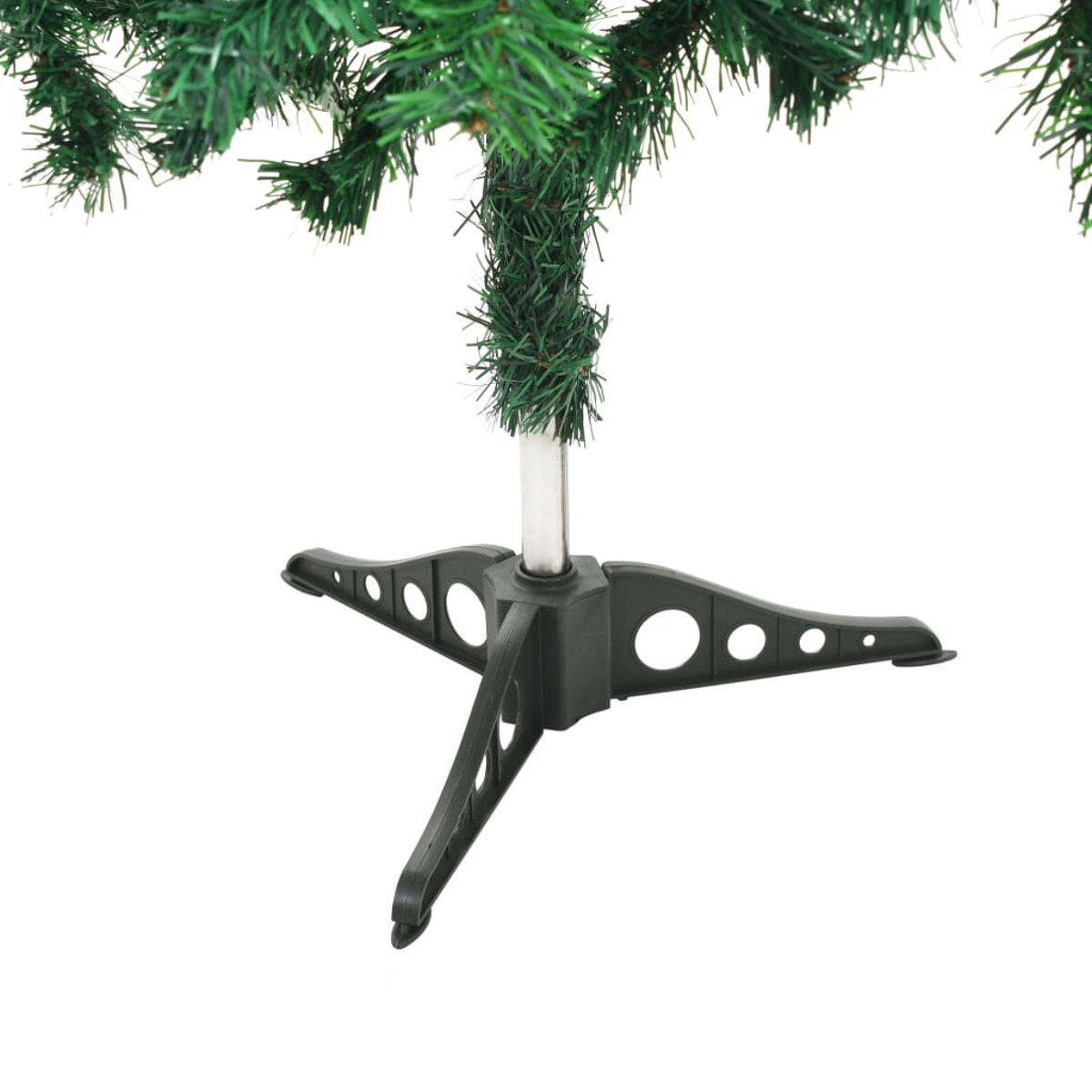Weihnachtsbaumständer. Es ist schwarz und aus Kunststoff mit sternförmiger Struktur.