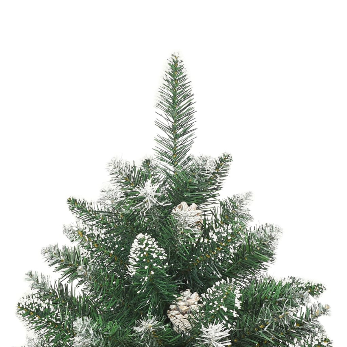 Nahaufnahme der Spitze eines Weihnachtsbaums mit Schnee und Tannenzapfen. Weißer Hintergrund.