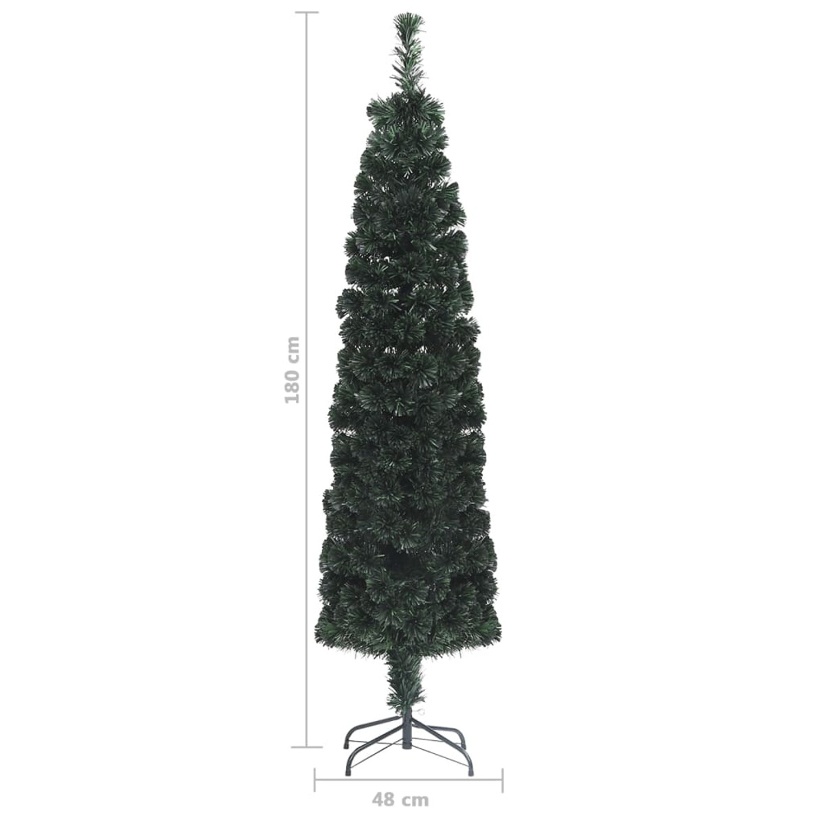 Hoher, dünner grüner Weihnachtsbaum mit schwarzem Ständer. Mit 180 cm und 48 cm markiert.