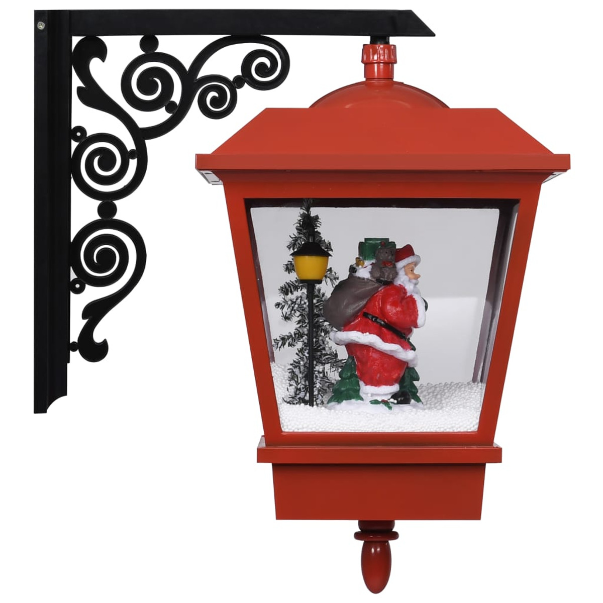 Rote Weihnachtslaterne mit Santa-Figur im Inneren. Schwarze dekorative Halterung. Weißer Hintergrund.