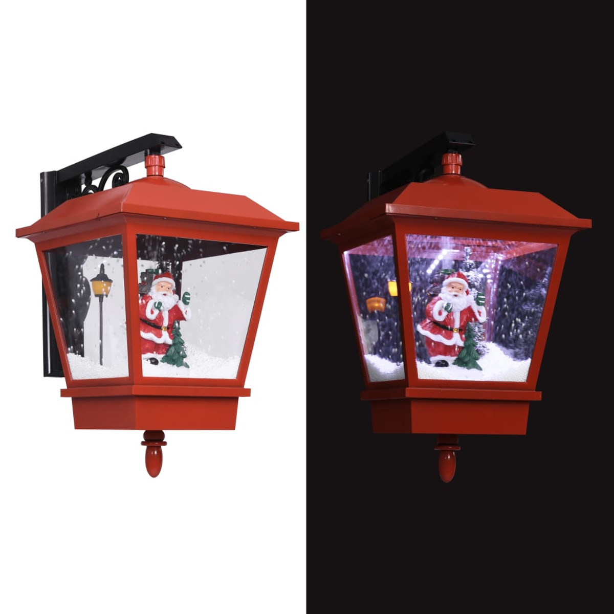 Rote Weihnachtslampe mit Weihnachtsmann, zeigt eine Szene bei Tag und Nacht.