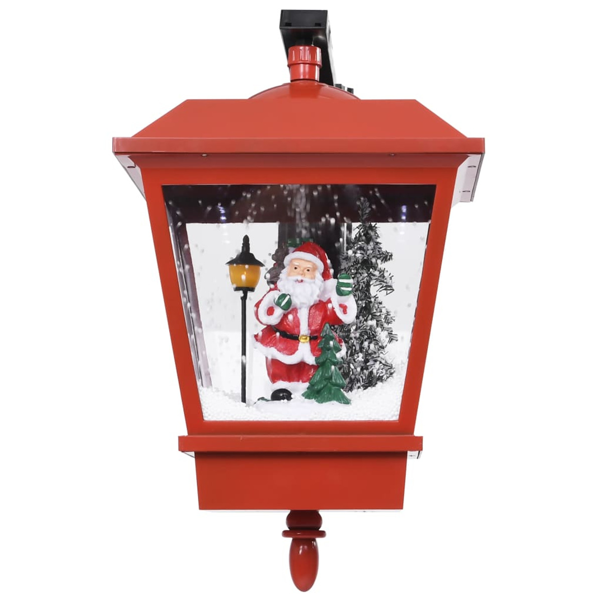 Eine rote Weihnachtslaterne mit einer Santa-Figur, einem Baum und Schnee im Inneren; auf weißem Hintergrund.