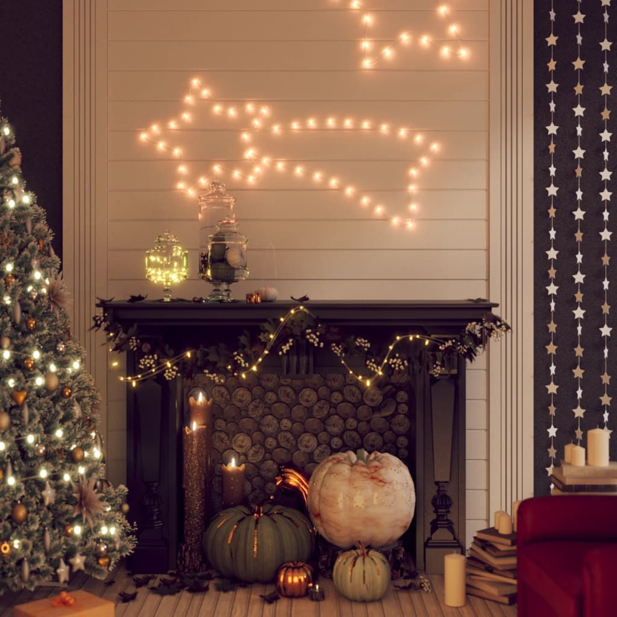 Weihnachtsszene mit Baum, Sternlichtern, Kürbissen und Kerzen am Kamin.
