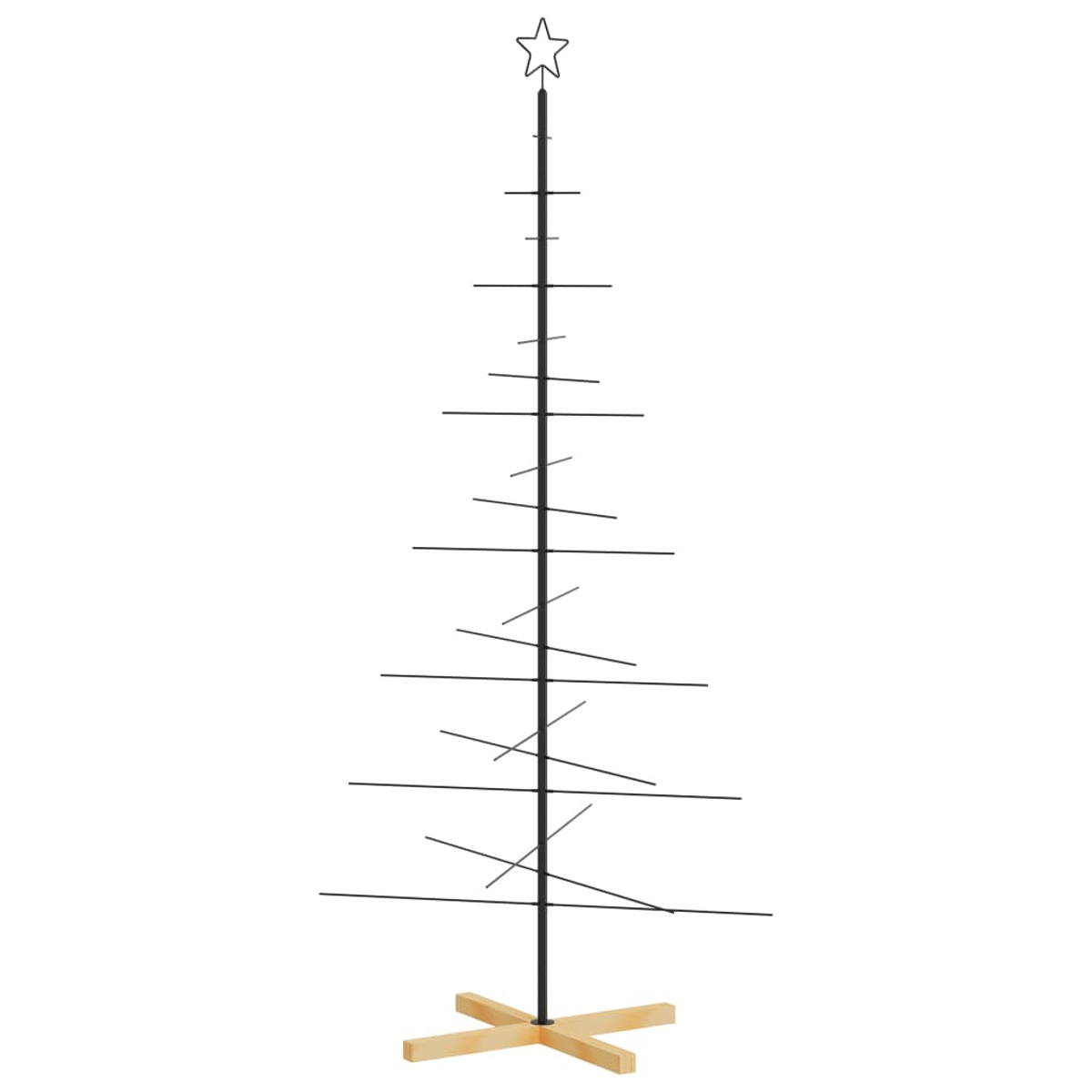 Ein leerer Weihnachtsbaumrahmen mit Stern oben, auf Holzsockel, vor weißem Hintergrund.