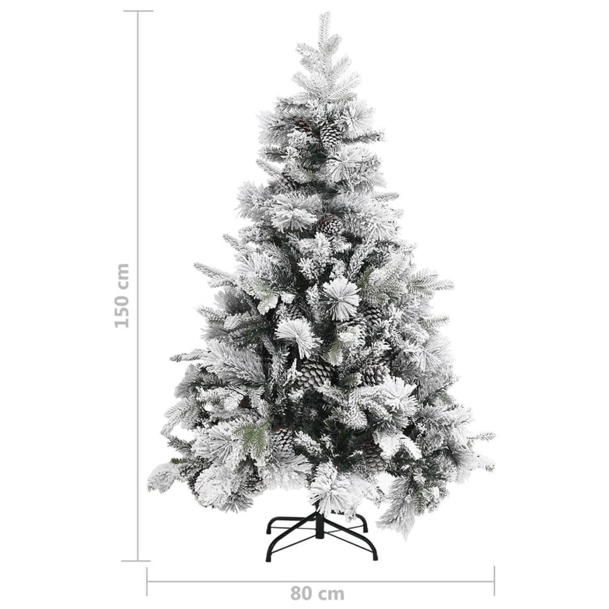 Ein 150 cm großer künstlicher Weihnachtsbaum mit Schnee bedeckt, mit Tannenzapfen, auf einem schwarzen Metallständer, 80 cm breit.