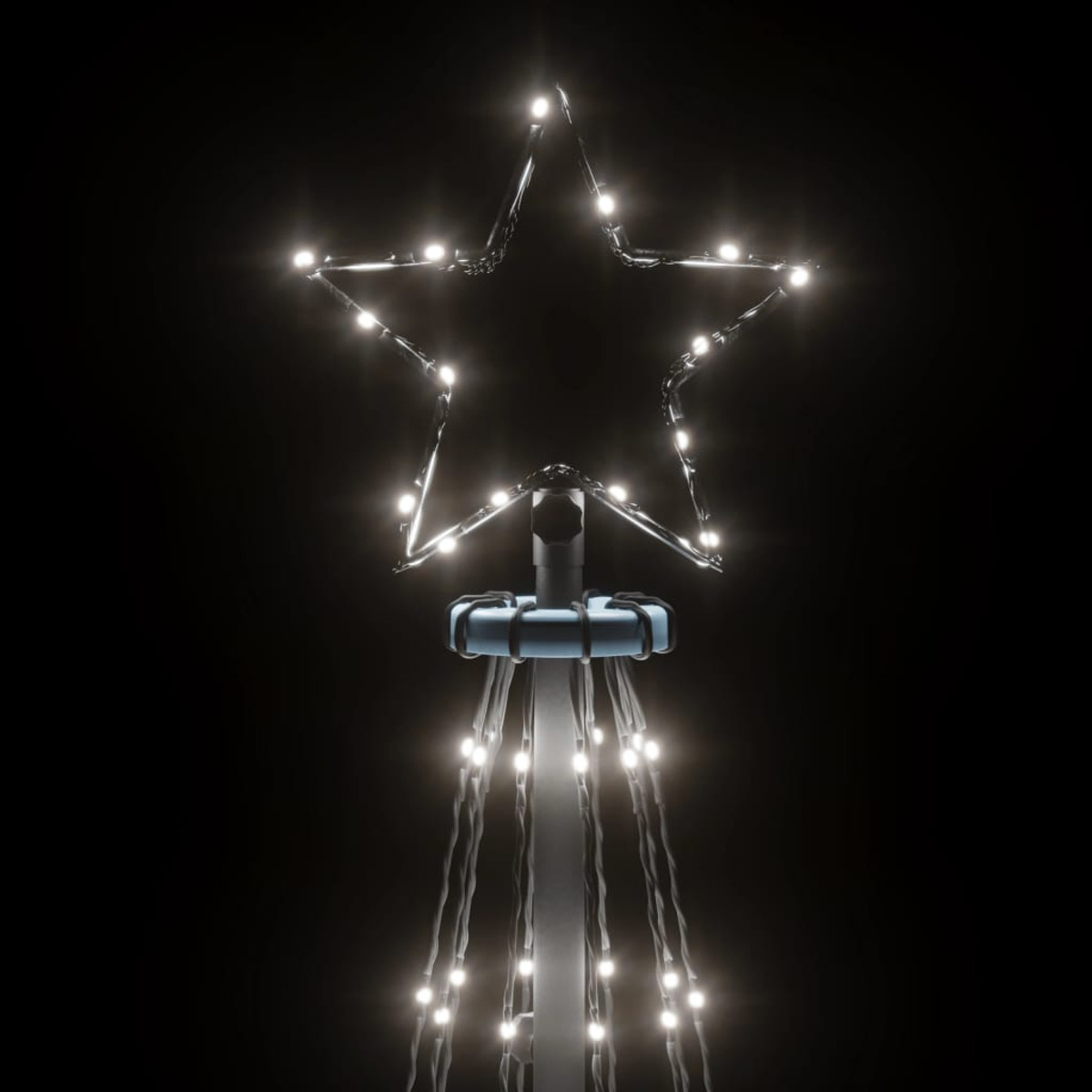 Ein sternförmiger Weihnachtsbaumschmuck mit leuchtenden Lichtern, vor schwarzem Hintergrund.