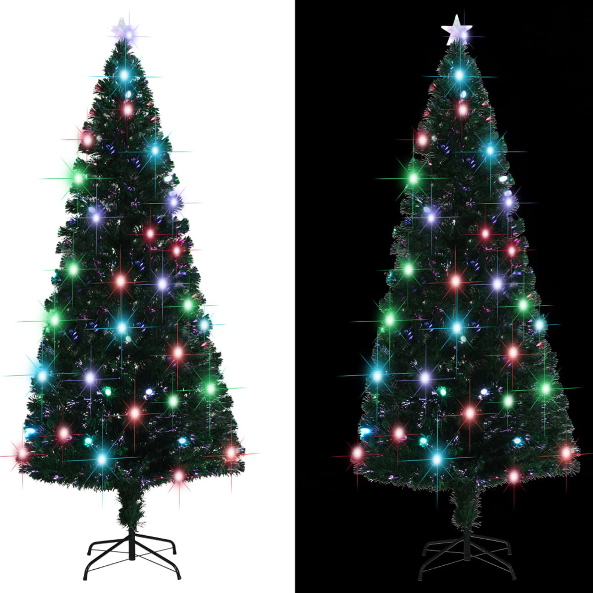 Ein Weihnachtsbaum mit bunten Lichtern und einem Stern. Der Hintergrund ist geteilt: links weiß, rechts schwarz.