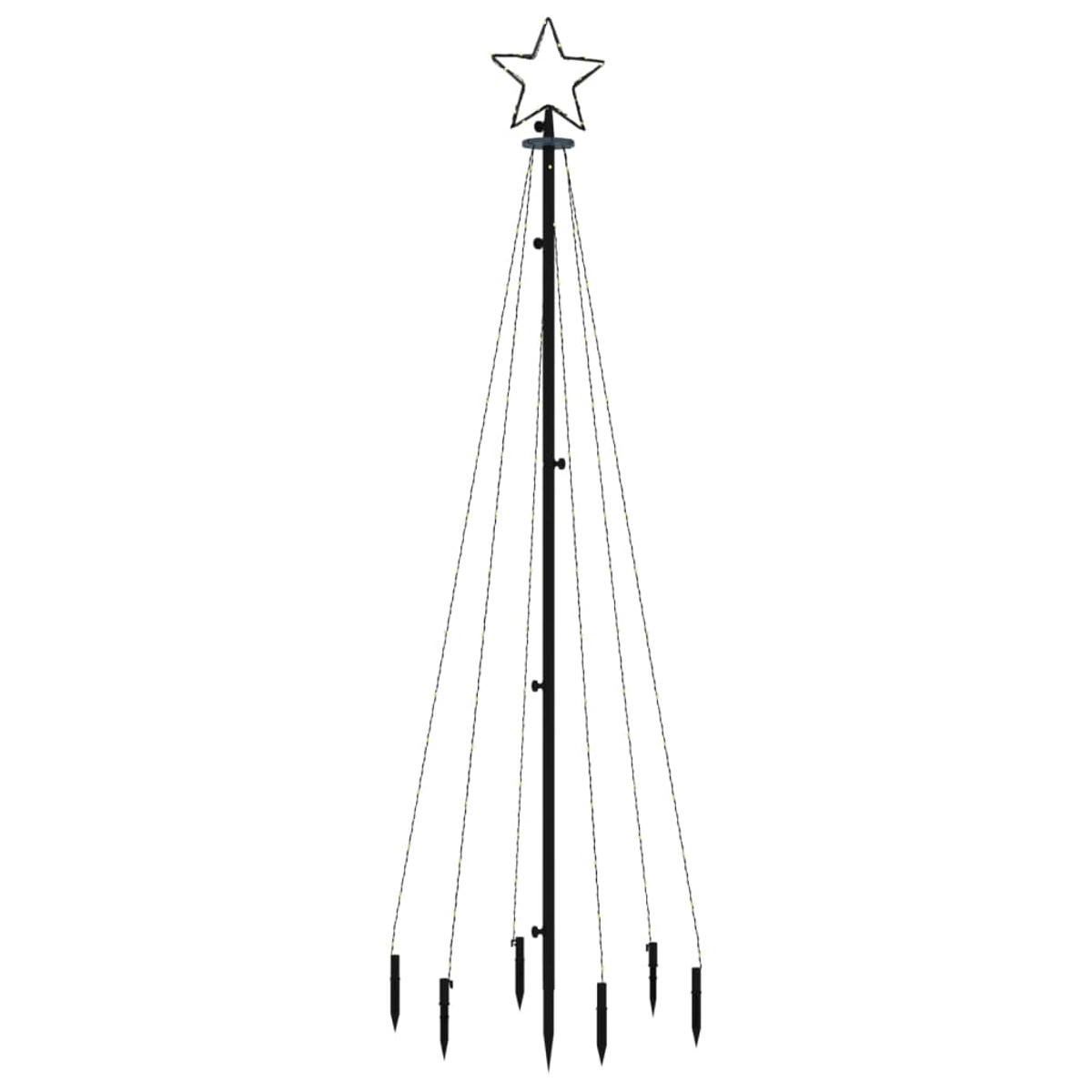 Metallstruktur in Weihnachtsbaumform mit Stern. Dünne Drähte führen vom Stern zu Pfählen an der Basis.