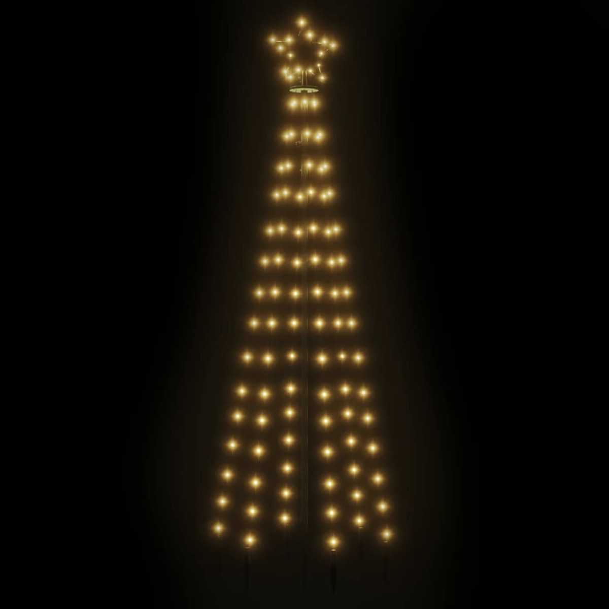 Eine weihnachtsbaumförmige Lichtanzeige. Sie hat viele kleine, warmweiße Lichter, die in einer dreieckigen Form angeordnet sind, gekrönt von einem Stern.