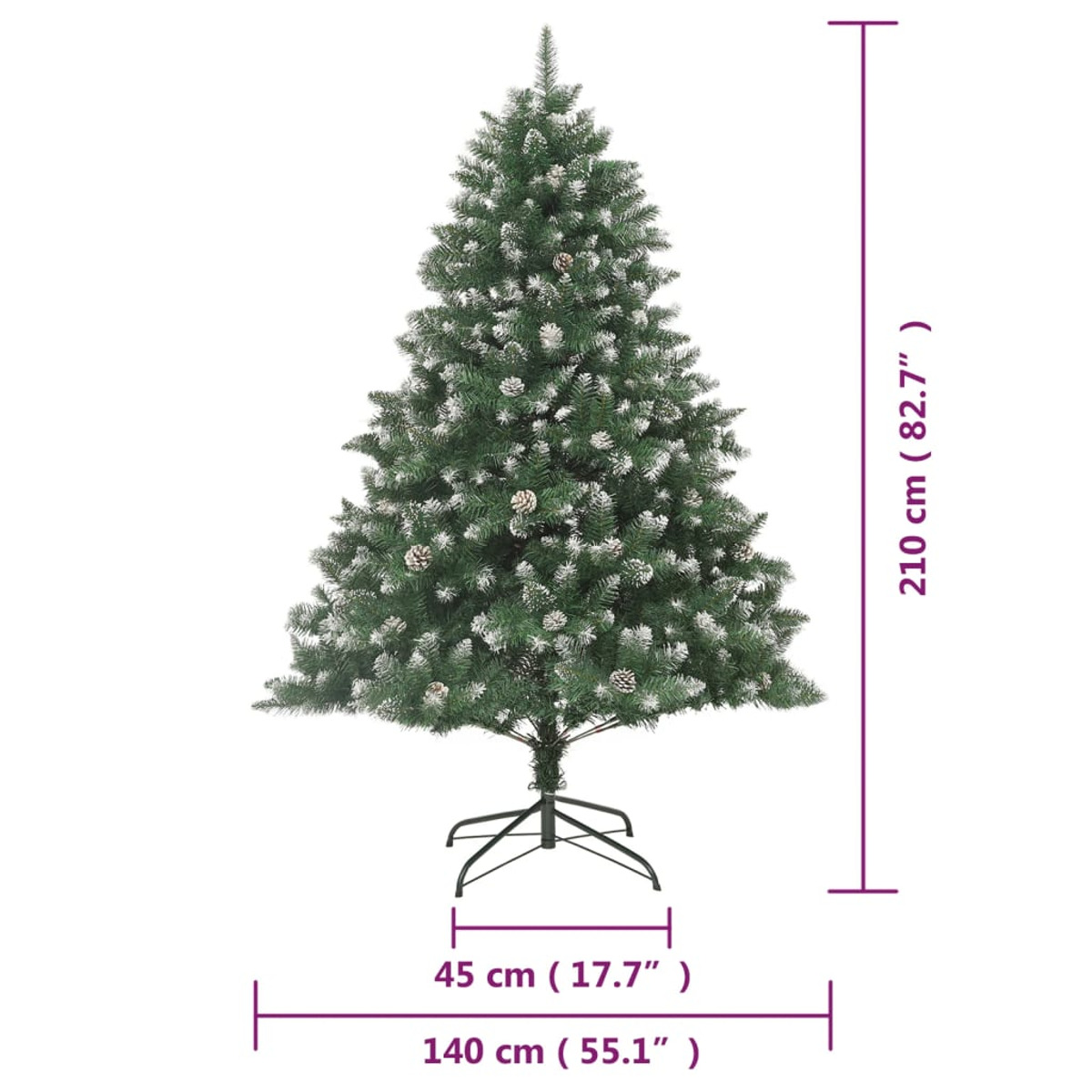 Grüner Weihnachtsbaum mit den Maßen: 210 cm hoch, 140 cm breit, 45 cm Basis.