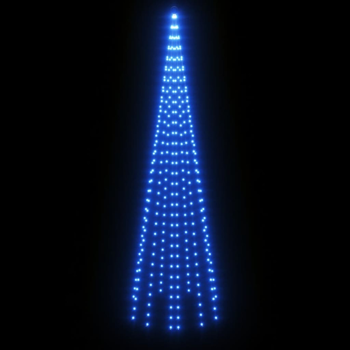Blauer Weihnachtsbaum aus Lichtern vor schwarzem Hintergrund. Es ist eine Kegelform.
