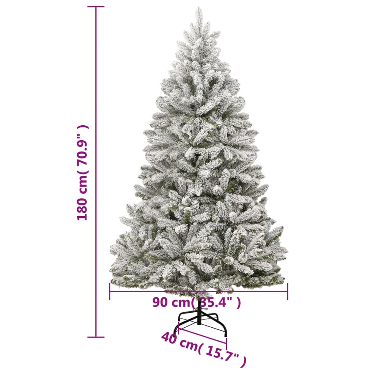 Ein schneebedeckter Weihnachtsbaum mit angezeigten Abmessungen.