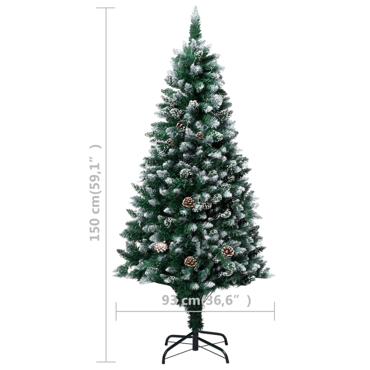 Grüner Weihnachtsbaum mit Schnee, Tannenzapfen und Maßen in cm und Zoll.