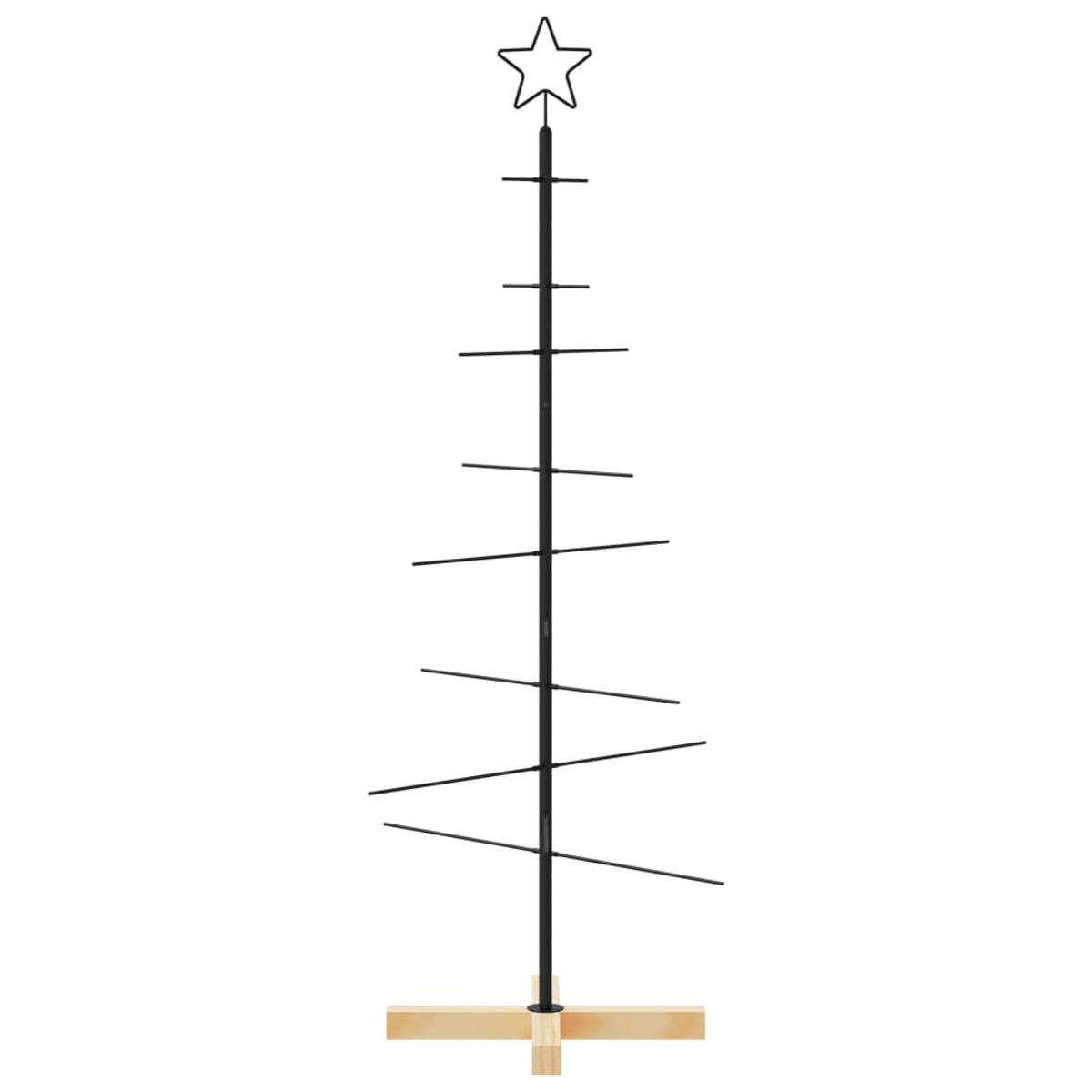 Ein minimalistischer Weihnachtsbaum aus schwarzem Metall, auf hellem Holzsockel, mit Stern oben.